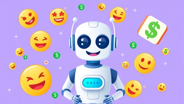 An interactive chatbot interface with a friendly avatar offering financial advice, surrounded by money-related emojis and graphics, creating a user-friendly and approachable virtual coaching experience.