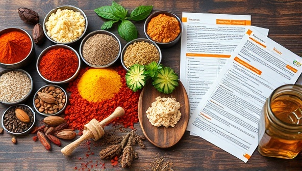 An array of colorful spices and ingredients neatly arranged on a rustic wooden table, with exotic recipe cards peeking out, evoking a sense of culinary exploration and global gastronomy.