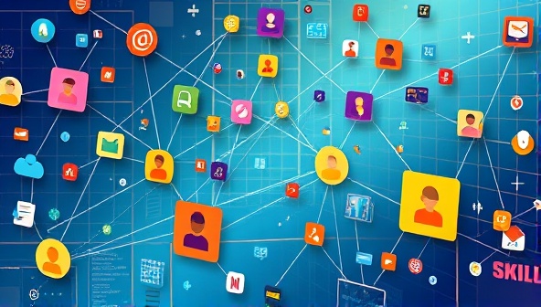 An illustrative depiction of a virtual marketplace where colorful icons representing different skills float around, connecting with each other to symbolize the exchange of knowledge and expertise in a vibrant and dynamic ecosystem.