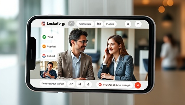 An app interface mockup showcasing professionals from different countries engaging in a virtual language exchange session, with business-themed visuals and interactive language learning tools, illustrating practical and engaging language practice.