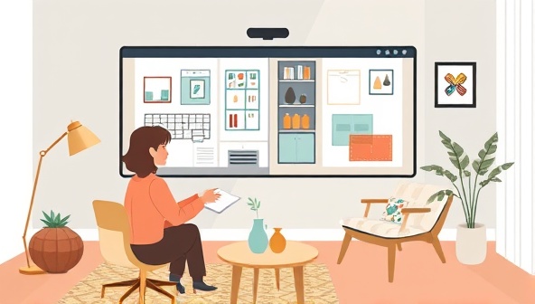 A digital illustration of a virtual interior design consultation session, showing a designer and a client discussing room layouts and color schemes on a virtual call, surrounded by design sketches and fabric swatches, conveying creativity and collaboration.