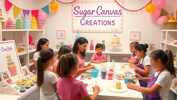 A whimsical setting at SugarCanvas Creations with a colorful dessert display, an array of edible decorations, and participants of all ages engaged in creating edible art pieces under the guidance of skilled instructors, fostering a joyful and artistic dessert-making environment.