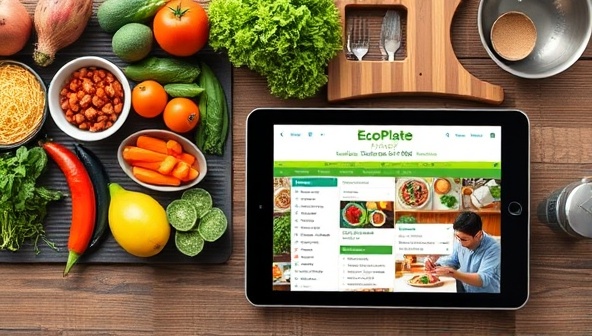 A digital platform showcasing a variety of colorful, sustainable ingredients, eco-friendly kitchen utensils, a tablet displaying the EcoPlate Planner website with personalized meal plans, and users engaging in a virtual cooking session focused on sustainable practices, illustrating a conscious and community-driven approach to meal planning.