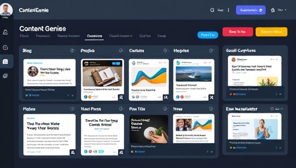 An AI-powered content creation dashboard displaying a variety of content formats, including blog posts, social media captions, and email newsletters generated by ContentGenie, highlighting the platform's versatility and efficiency in creating engaging content for businesses.