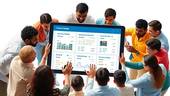 An engaging visual of diverse individuals collaborating around a digital interface displaying property investment options and financial data, symbolizing the collective power and potential returns of PropCrowd Funding's peer-to-peer real estate investment platform.