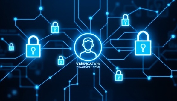 A blockchain network visualization depicting the verification process of an influencer profile, with digital locks and security algorithms symbolizing authenticity and trust, set against a futuristic backdrop, highlighting the cutting-edge technology used for verification.