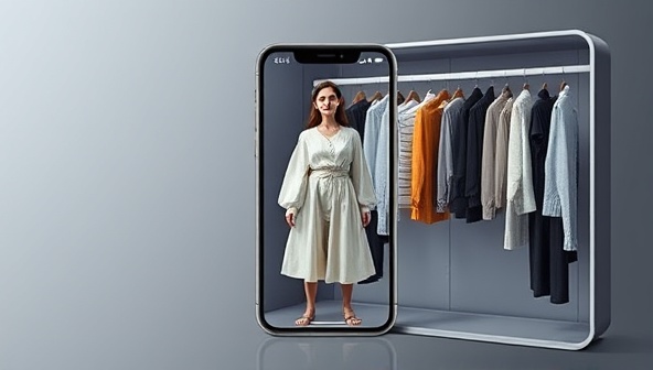 A sleek mobile app interface showing a user trying on virtual outfits generated by the AI stylist, with various clothing options displayed in a digital wardrobe, creating a futuristic and interactive fashion experience.