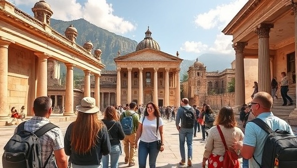 A captivating virtual tour setting with participants embarking on a historical journey through ancient ruins, majestic architecture, and cultural treasures, guided by a knowledgeable tour leader, capturing the essence of exploration and discovery at TimeWanderer Expeditions.