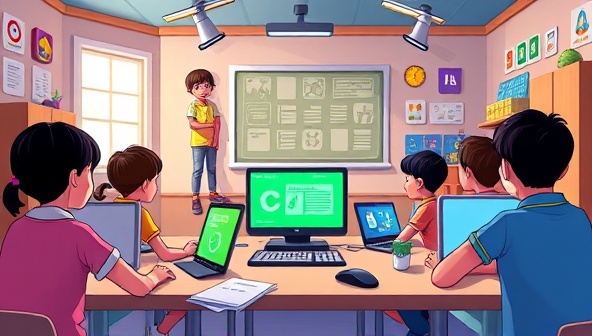 An engaging and colorful virtual coding classroom filled with playful coding tools, animated characters, and interactive coding projects, with kids eagerly learning and exploring the world of programming, fostering creativity and logical thinking.