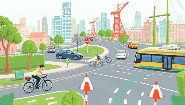 An engaging illustration depicting diverse modes of sustainable transportation, such as bicycles, electric vehicles, and public transit, integrated into a cityscape with green spaces and efficient traffic flow, symbolizing the concept of eco-friendly mobility and urban planning.