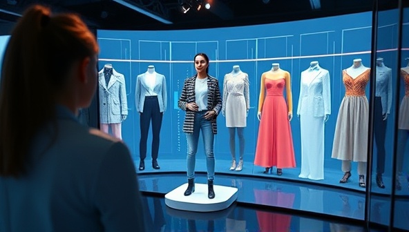 An interactive virtual fitting room where a user is trying on digital outfits displayed on a screen, with AI stylists providing real-time feedback and suggestions, creating a futuristic and engaging shopping experience.