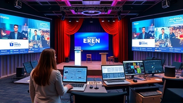 A virtual event planner coordinating a virtual conference setup, with screens displaying different event segments, a virtual stage, audience engagement tools, and a tech control center, creating a dynamic and interactive virtual event environment.