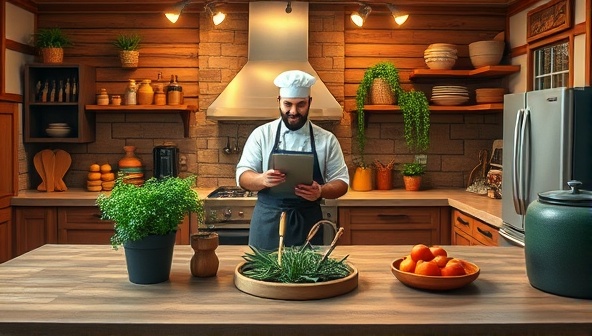 A cozy virtual kitchen setting with a chef guiding participants through planting seeds, harvesting herbs, and preparing a delicious dish, creating a warm and inviting atmosphere for SeedSavor Experiences.