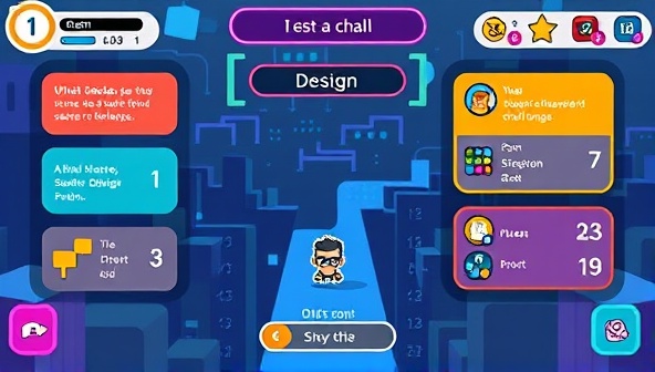 An interactive game interface displaying a pixelated character navigating through design challenges and earning points, with colorful graphics and engaging tasks, representing the immersive and playful experience of PixelQuest.