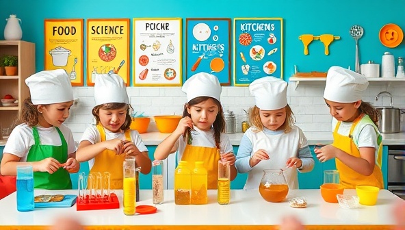 A colorful kitchen laboratory setting with kids wearing chef hats and aprons, conducting food experiments with test tubes and mixing ingredients, surrounded by educational posters on food science and kitchen tools, creating a playful and educational culinary atmosphere.
