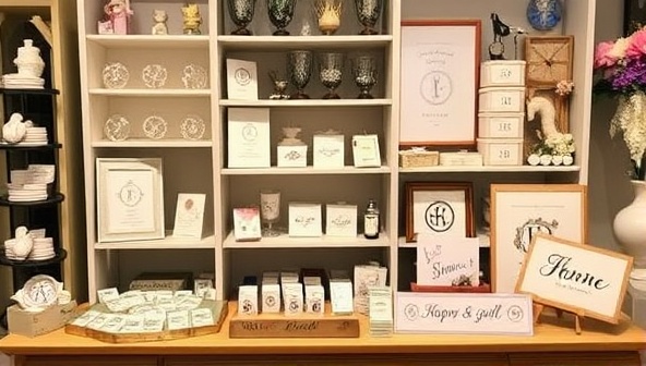 A charming boutique display featuring an array of personalized gifts, including engraved jewelry, monogrammed home decor, and custom accessories, with a cozy and inviting atmosphere that evokes warmth and personalization.