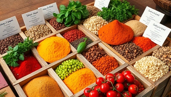 A vibrant display of colorful spices in rustic wooden crates, accompanied by fresh herbs and recipe cards, evoking a sense of freshness and culinary creativity.