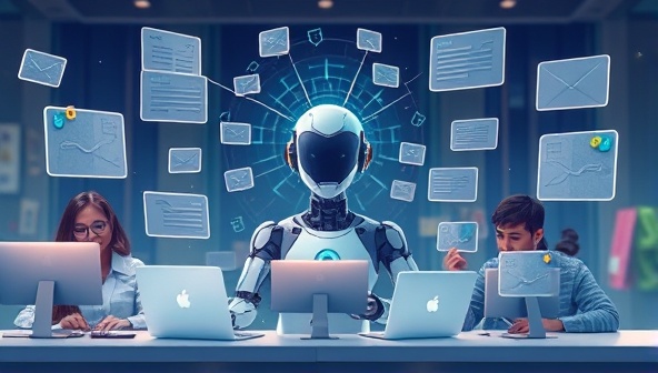 An imaginative illustration of a futuristic AI assistant surrounded by floating holographic writing prompts, interacting with a diverse group of writers in a digital workspace, symbolizing creativity and innovation in writing support.