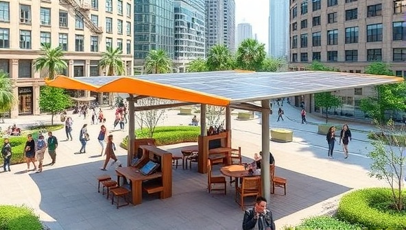 An urban plaza with SunHub Canopies providing shaded seating areas equipped with solar panels for charging devices, surrounded by bustling city life and greenery, illustrating a harmonious blend of technology, sustainability, and urban functionality.