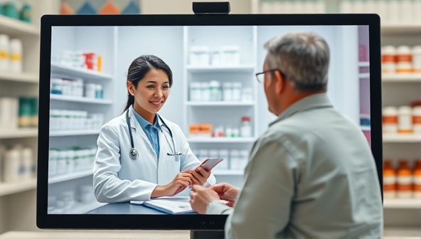 A virtual pharmacist consultation scene depicted on a computer screen, showing a pharmacist engaging with a patient via video call, with shelves of medications in the background, conveying professionalism and expertise in pharmaceutical care.