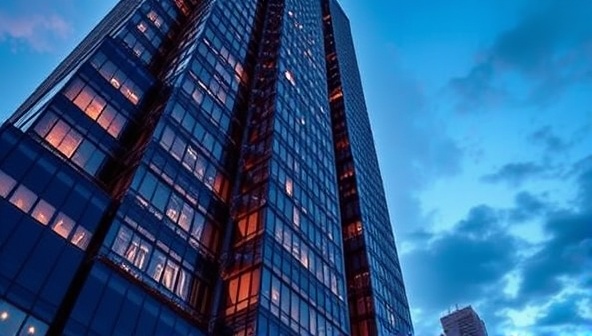 A stunning 3D architectural visualization of a modern skyscraper at dusk, with intricate details, realistic lighting effects, and reflections, showcasing the visual impact and sophistication of the rendering services offered by VisionCraft Studios.