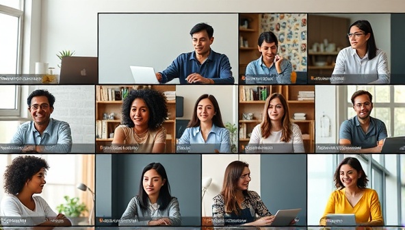 An interactive virtual workshop setting with diverse participants engaging in cultural exchange activities, sharing insights, and learning from each other, highlighting the value of cultural intelligence training in a globalized world.