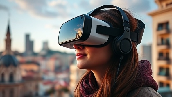 An image of a person wearing a VR headset, immersed in a virtual travel experience exploring a vibrant cityscape, capturing the essence of VirtuJourney's innovative approach to travel exploration.