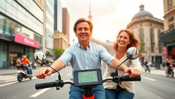 A vibrant image of a tourist joyfully riding an electric scooter through a bustling city street, with iconic landmarks in the background and a digital map display on the scooter's handlebars, highlighting the convenience and enjoyment of sightseeing on a scooter.
