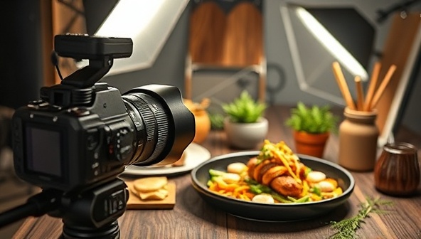 A creative and visually appealing food photography setup with a professional camera, adjustable lighting, various props, and a styled dish as the focal point, capturing the essence of food photography artistry and storytelling in a single frame.