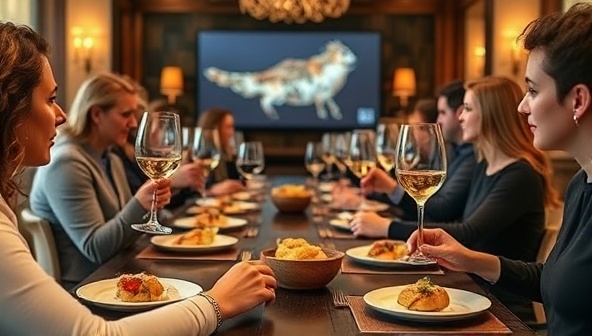 An elegant virtual tasting setup with participants savoring gourmet bites and swirling wine glasses, guided by a sommelier through flavor profiles and pairing notes, creating a sophisticated and engaging PalatePerfection experience.