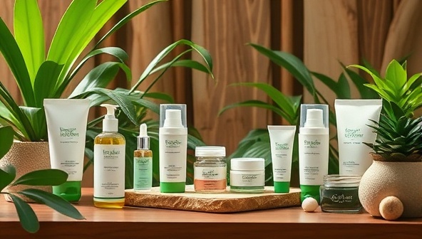 A serene spa setting with a range of customized skincare products displayed, surrounded by lush greenery and natural elements, evoking the essence of plant-based beauty and personalized skincare experiences.