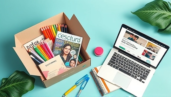 A vibrant and artistic flat lay of a subscription box filled with design goodies like colorful pens, design magazines, a sketchbook, and a laptop displaying a sleek website layout, conveying creativity and inspiration.