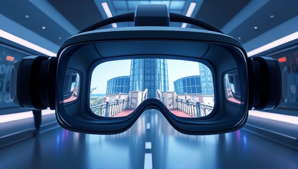 A futuristic digital rendering of a virtual reality headset displaying an immersive architectural tour, showcasing a modern building design with interactive features and realistic environmental effects to captivate viewers.