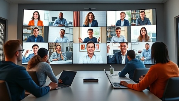 A virtual meeting room with a diverse team interacting on digital screens, symbolizing remote collaboration and modern HR practices.