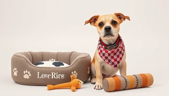 An adorable mock-up image of a dog wearing a personalized collar and matching bandana, posing playfully with a customized pet bed and toy, showcasing the uniqueness and charm of personalized pet accessories.