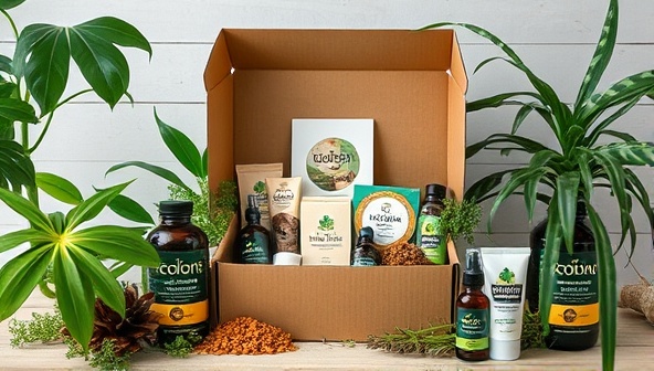An artistic display of a beautifully designed subscription box filled with a variety of eco-friendly products, surrounded by lush greenery and natural elements, evoking a sense of sustainability and local sourcing.