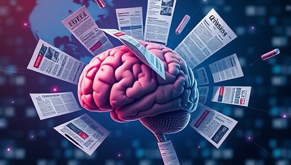 An artistic representation of news articles floating around a personalized AI-powered brain, symbolizing the tailored news insights delivered by AI News Insight.