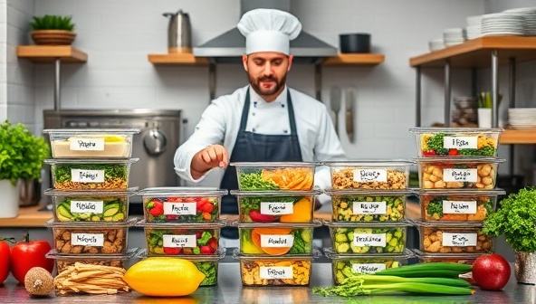 A modern kitchen setup with a chef preparing colorful and nutritious meals, neatly packed in containers labeled with personalized names, surrounded by fresh ingredients and cooking utensils, conveying a sense of freshness and customization.