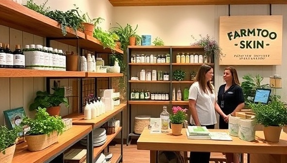 A charming beauty store ambiance showcasing rustic wooden shelves lined with organic skincare products, fresh herbs and flowers adorning the displays, a knowledgeable staff member providing skincare advice to a customer, and a prominent sign highlighting the brand's farm-to-skin ethos, conveying a natural and eco-friendly beauty experience.