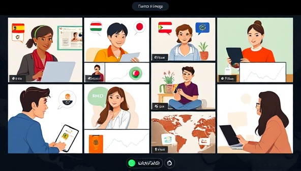 An engaging visual representation of a virtual language exchange session, showing participants from different countries engaging in conversations, sharing cultural insights, and practicing language skills through video chats and interactive activities, fostering global connections and language proficiency.