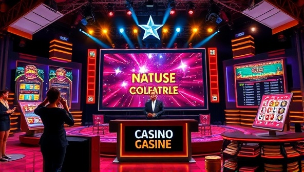 An exciting scene depicting a live interactive game show set with flashy lights, a charismatic host, enthusiastic contestants, and a digital casino backdrop, showcasing the fusion of entertainment, gaming, and real-time engagement of GameShow Casino Royale.