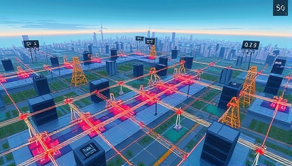 An immersive simulation environment displaying a virtual smart grid with interconnected energy sources, storage systems, and consumption nodes, with adjustable parameters and real-time performance metrics, providing users with a hands-on experience in smart grid design and optimization, set against a futuristic digital landscape of smart cities and renewable energy installations.