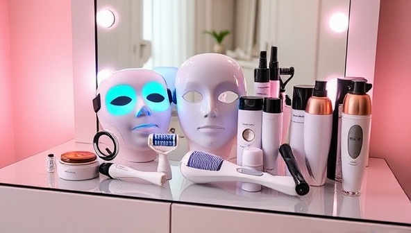 A sleek and stylish array of beauty tech gadgets neatly displayed on a vanity table, including LED masks, facial rollers, and hair styling tools, with soft lighting and a modern backdrop, highlighting the futuristic and innovative beauty tech offerings available for rental.