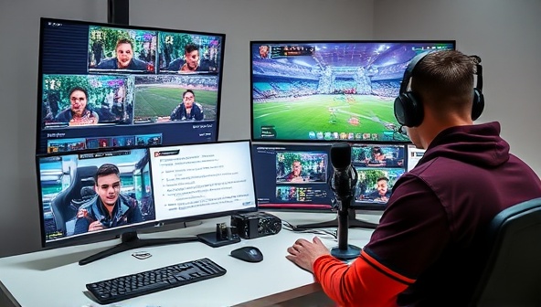 A virtual coaching session setup with a professional gamer providing live feedback and guidance to a player on their gameplay, with screens displaying gameplay footage, strategy notes, and improvement tips, illustrating the coaching process.