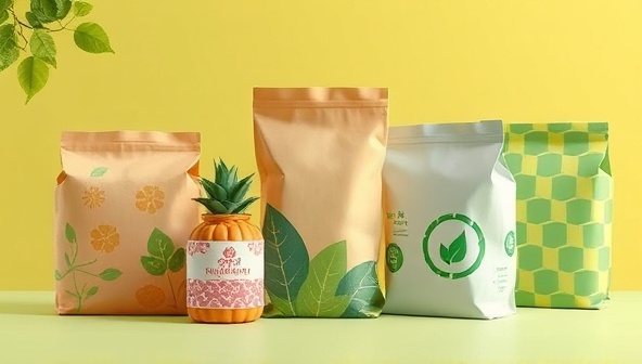 An artistic image showing eco-friendly packaging designs made from recyclable materials, featuring vibrant colors and nature-inspired patterns to convey sustainability and innovation.