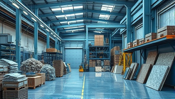 An innovative factory setting where mining waste is transformed into sleek, modern building materials, with upcycled products displayed in a showroom, illustrating the eco-friendly and stylish nature of ReMine Solutions.