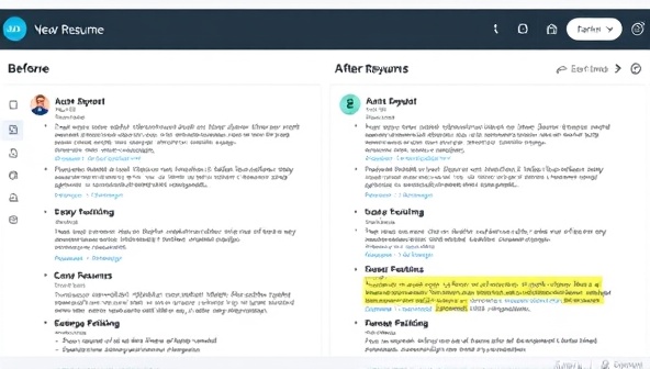 An interactive dashboard displaying a before-and-after comparison of a resume, with the AI-powered optimizations highlighted in real-time, showcasing improved formatting, relevant keywords, and enhanced readability, creating a visual representation of the tool's transformative impact on resumes.