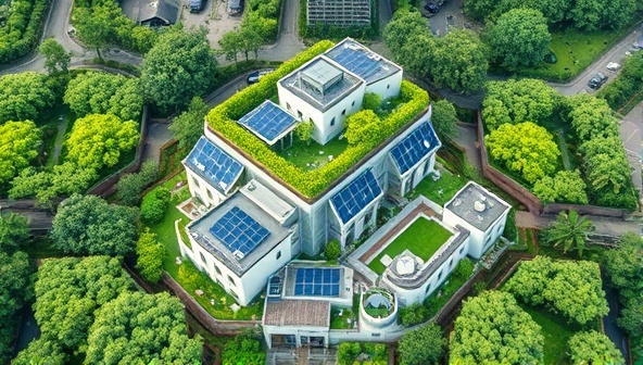 An aerial view of a modern eco-friendly building surrounded by lush greenery and solar panels, illustrating the harmony between sustainable architecture and nature.