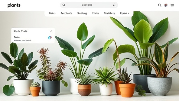 A digital marketplace interface showcasing a variety of lush indoor plants, succulents, and gardening tools, with interactive plant care guides, watering reminders, and a community forum for plant enthusiasts, creating a vibrant and educational online gardening hub.