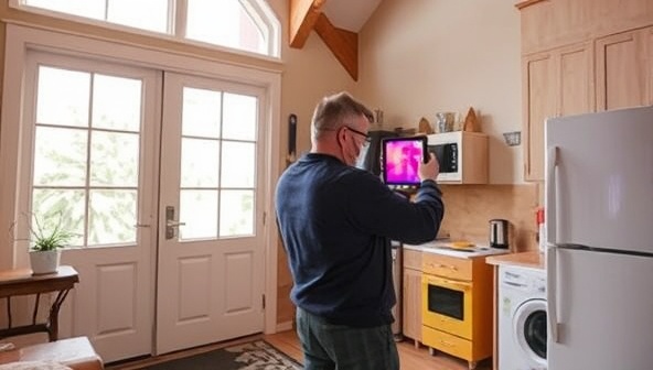 An image of a home interior with a professional conducting an energy audit, examining insulation, windows, and appliances with thermal imaging equipment, highlighting the focus on energy efficiency and sustainability.